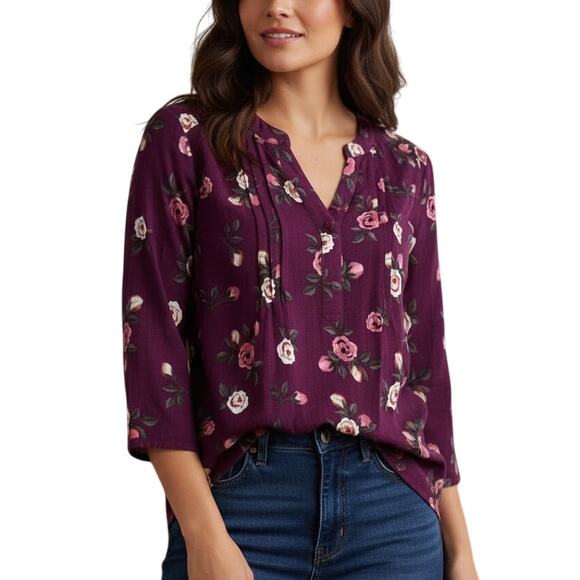 Monday Fun 3/4 Sleeve Split Neck Purple Floral Rayon Top NWOT Size Medium - Picture 1 of 8